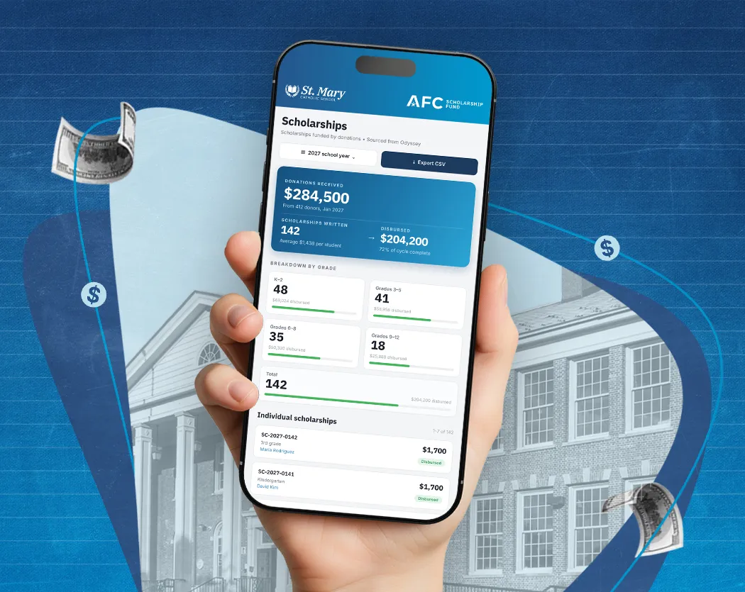Hand holding a phone showing a co-branded AFC Scholarship Fund partner dashboard with real-time donation and scholarship totals