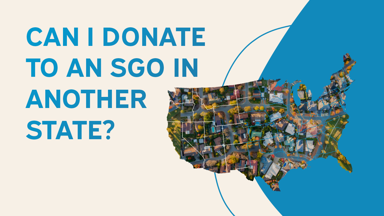 Graphic reading “Can I Donate to an SGO in Another State?” with a map of the United States filled with neighborhood imagery.