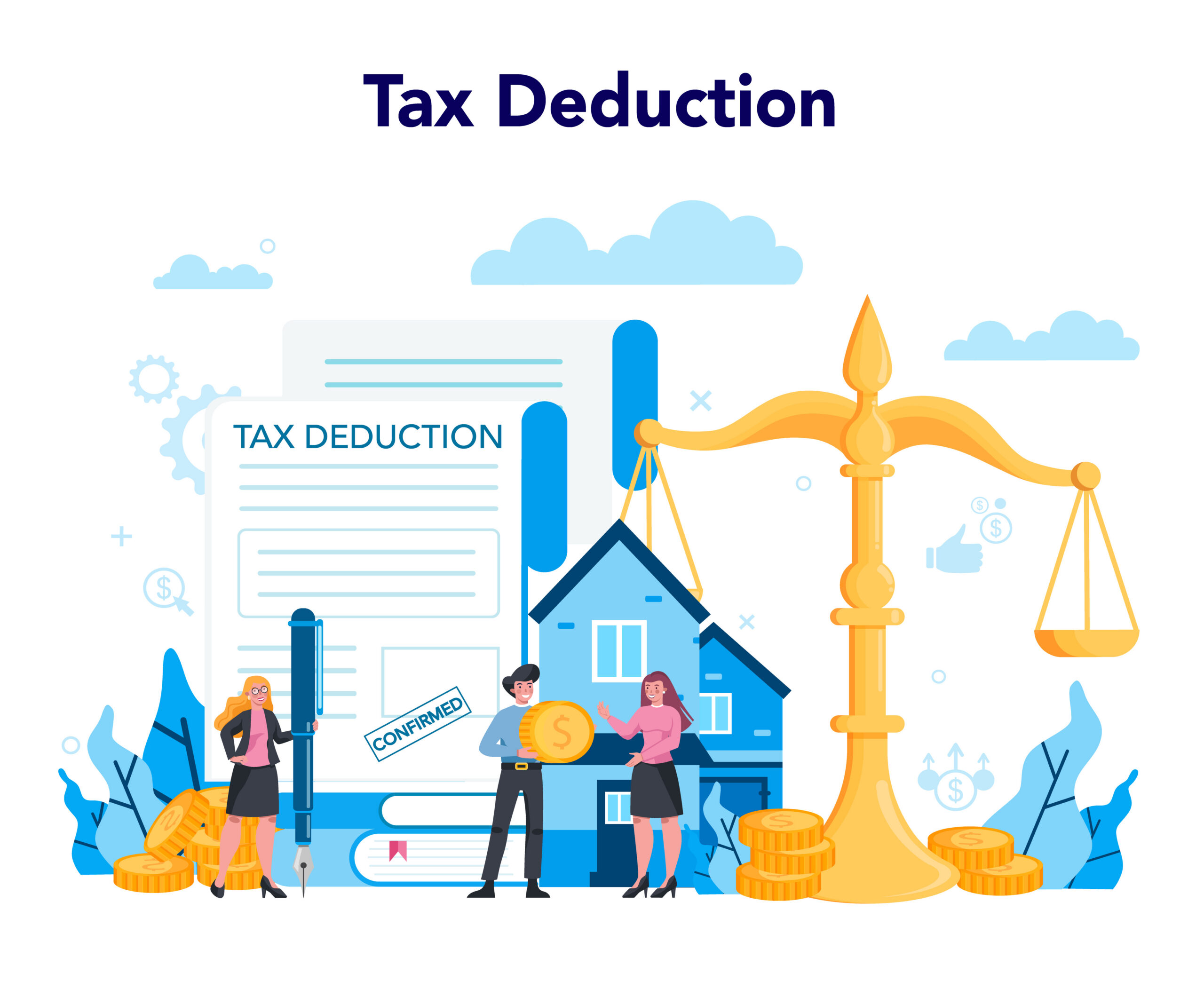 Illustration labeled “Tax Deduction” showing a document, house, coins, and scales of justice with people handling money and paperwork.