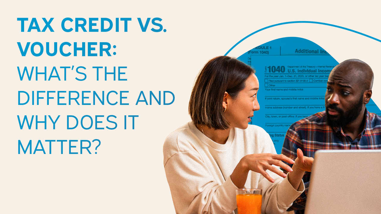 Two adults discuss finances at a table with a tax form in the background and text about tax credits vs vouchers.