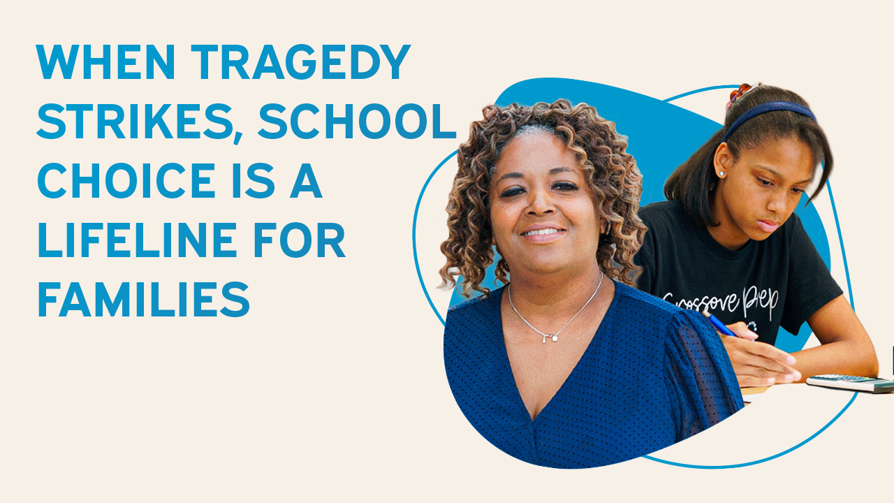 A smiling woman stands beside a student writing in a notebook, with text about school choice being a lifeline for families.