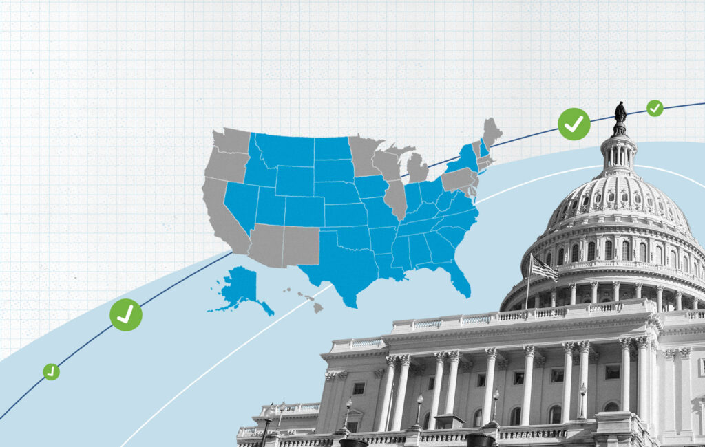 Map of US states that have opted in, next to the Capitol building and an upward trend line