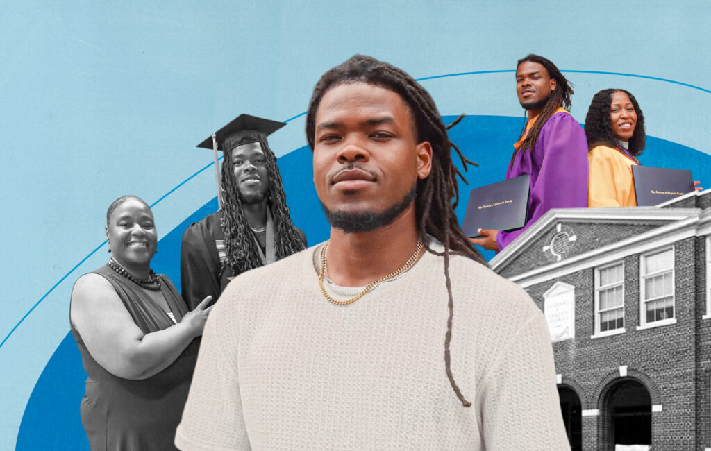 Allen Thompson smiling, with photos of his mother, his graduation, and fellow graduates outside their school