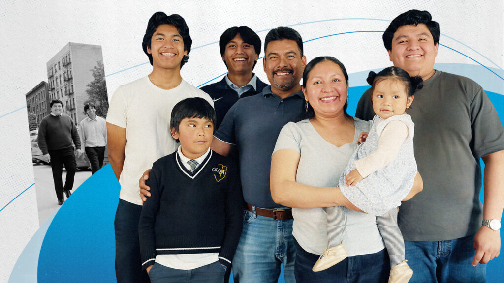 Multi-generational family together, including a son in his Catholic school uniform and a childhood photo of two brothers