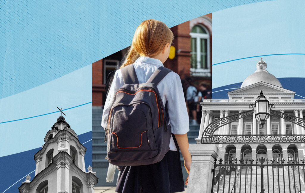 A girl wearing a backpack walks toward school, with the Massachusetts State House in the background.
