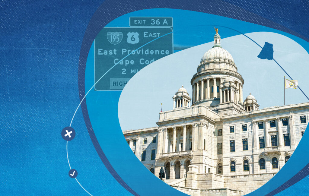 The Rhode Island State House dome, with a highway sign for East Providence and Cape Cod.