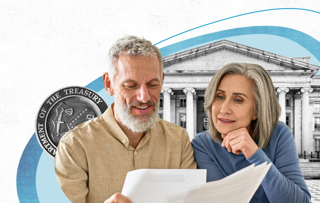 An older couple review paperwork in front of the U.S. Treasury Department building and seal.
