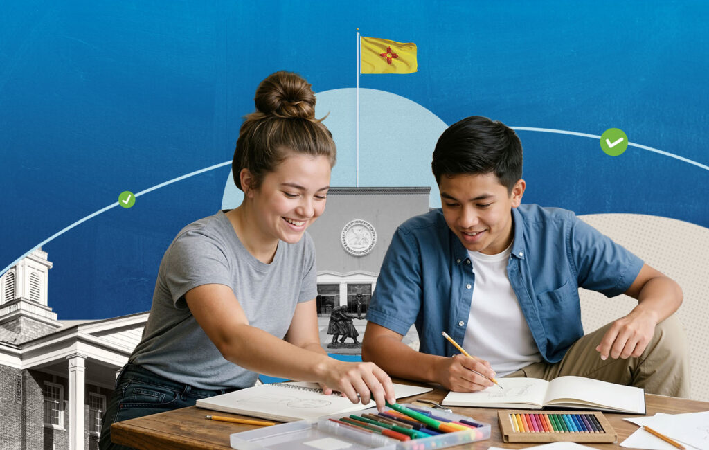 Two teenagers sketch together at a table with a New Mexico flag and government building behind them.