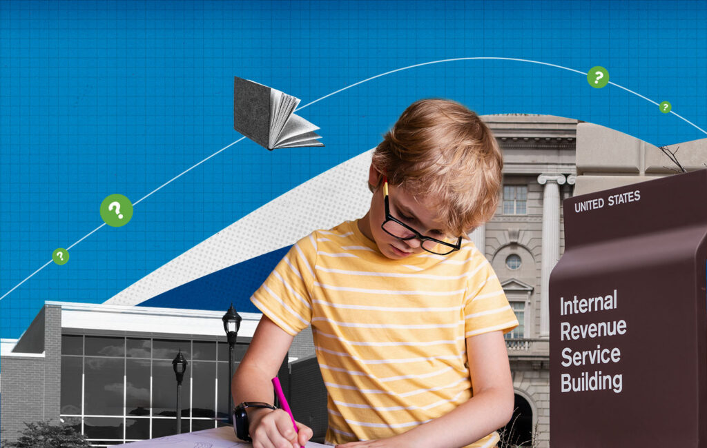 Collage of a boy writing while wearing glasses, with a book, question marks, and the IRS building in the background
