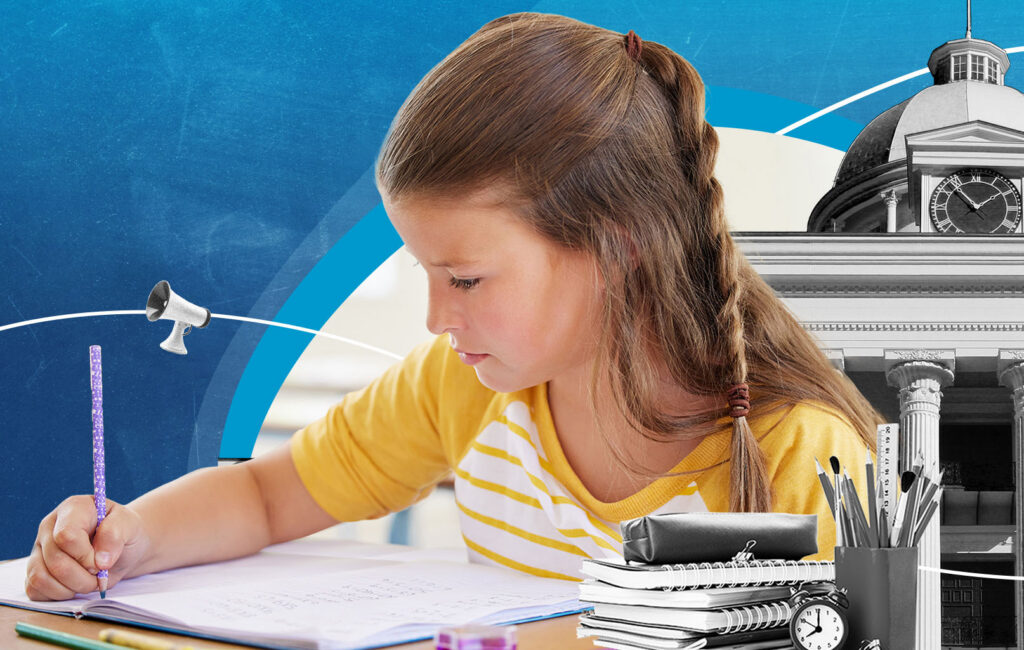 Girl writes in a notebook with an Alabama courthouse clock tower behind her, marking new scholarship certification rules.
