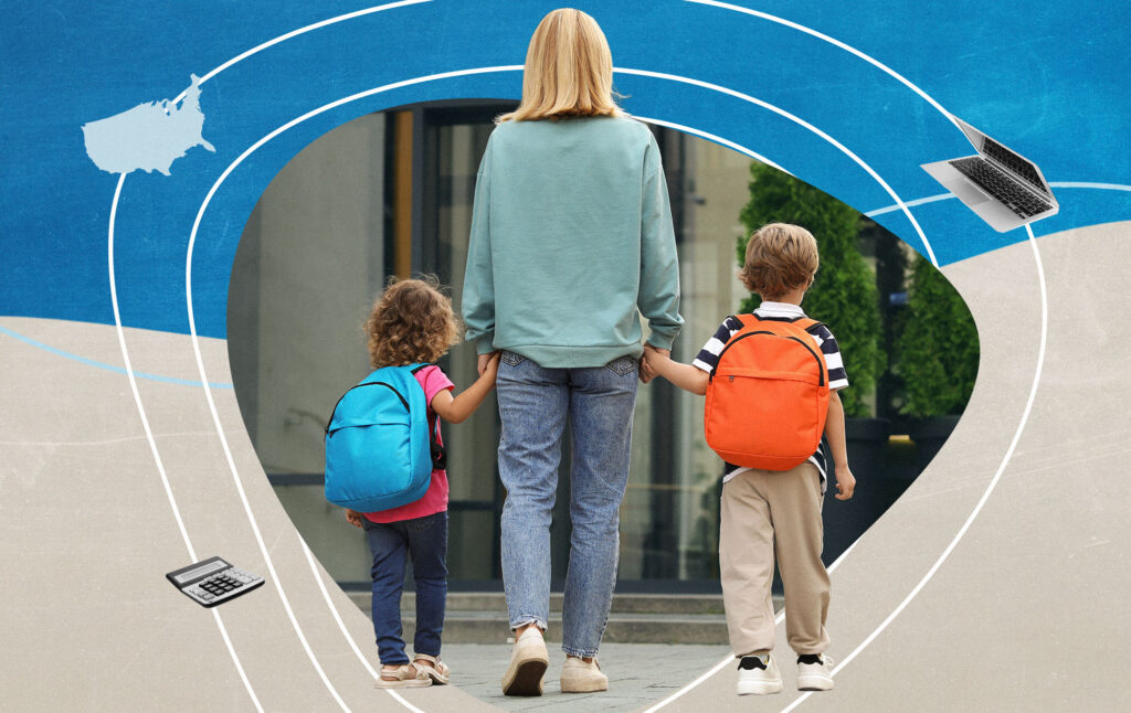 Mother walks with two children in backpacks, beside a U.S. map and laptop icons representing donations crossing state lines.