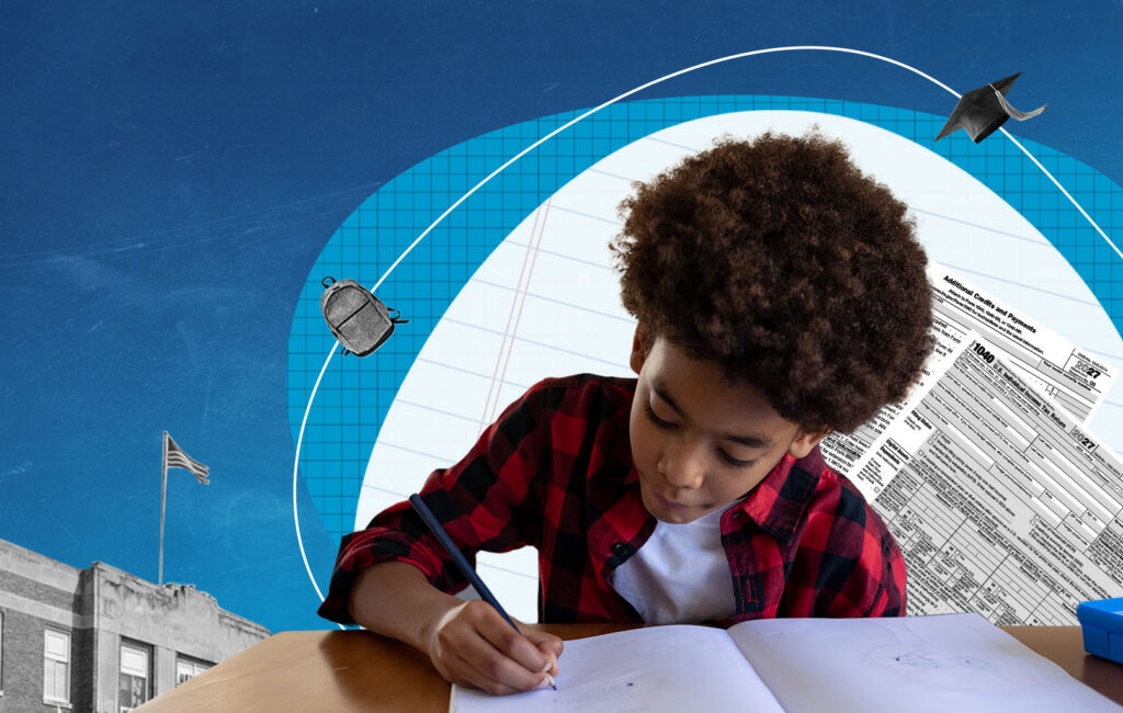 Collage of a boy writing at a school desk, with a graduation cap, backpack, and a Form 1040 tax return in the background, symbolizing school and taxes