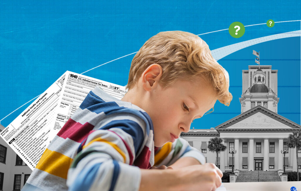 Illustration of a child writing beside a 2027 IRS Form 1040 and a state capitol building, with question marks, symbolizing tax policy questions affecting children