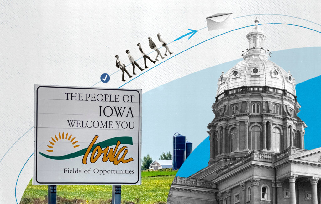 Welcome to Iowa sign beside silhouettes of students walking toward the state capitol and an envelope icon.