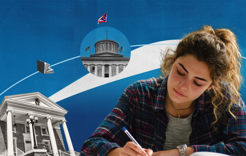 Young woman writes at her desk with the Ohio Statehouse and state flag in the background.