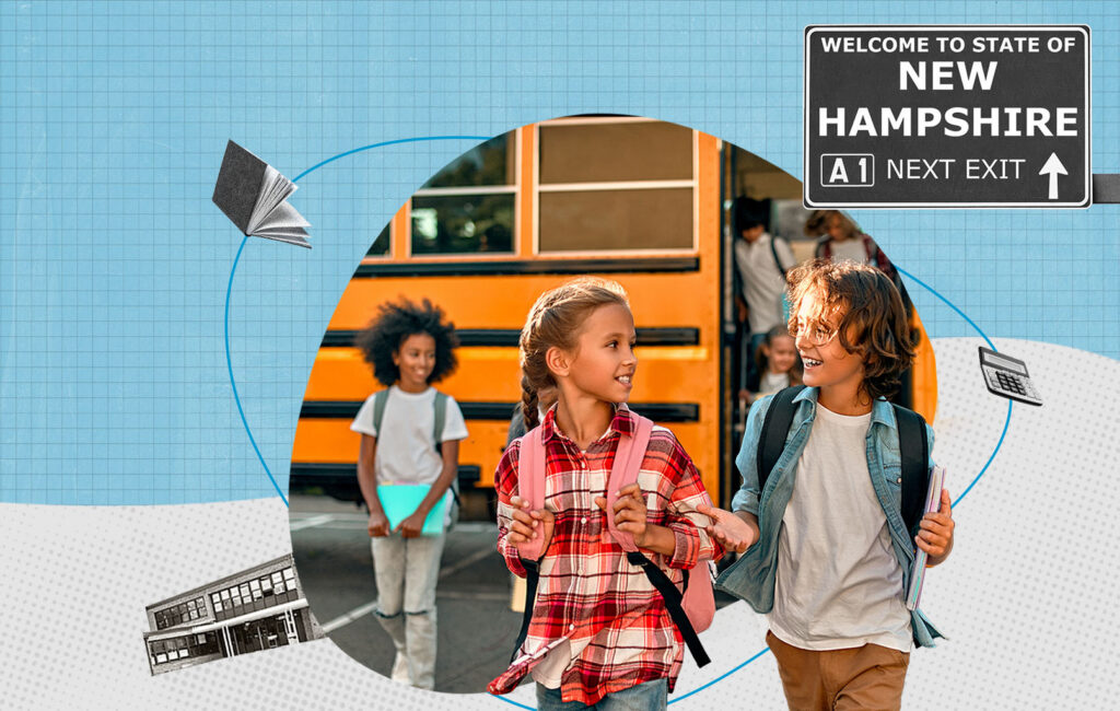Children with backpacks arrive by school bus beneath a Welcome to New Hampshire sign.