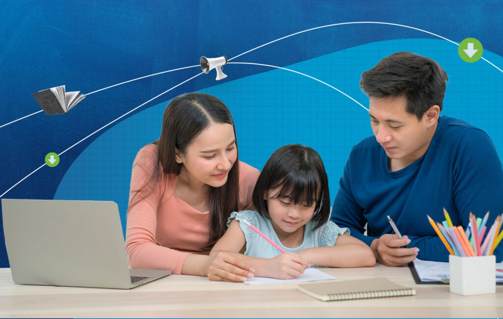 Two parents help their daughter with schoolwork at a desk, symbolizing family decisions about the education tax credit.