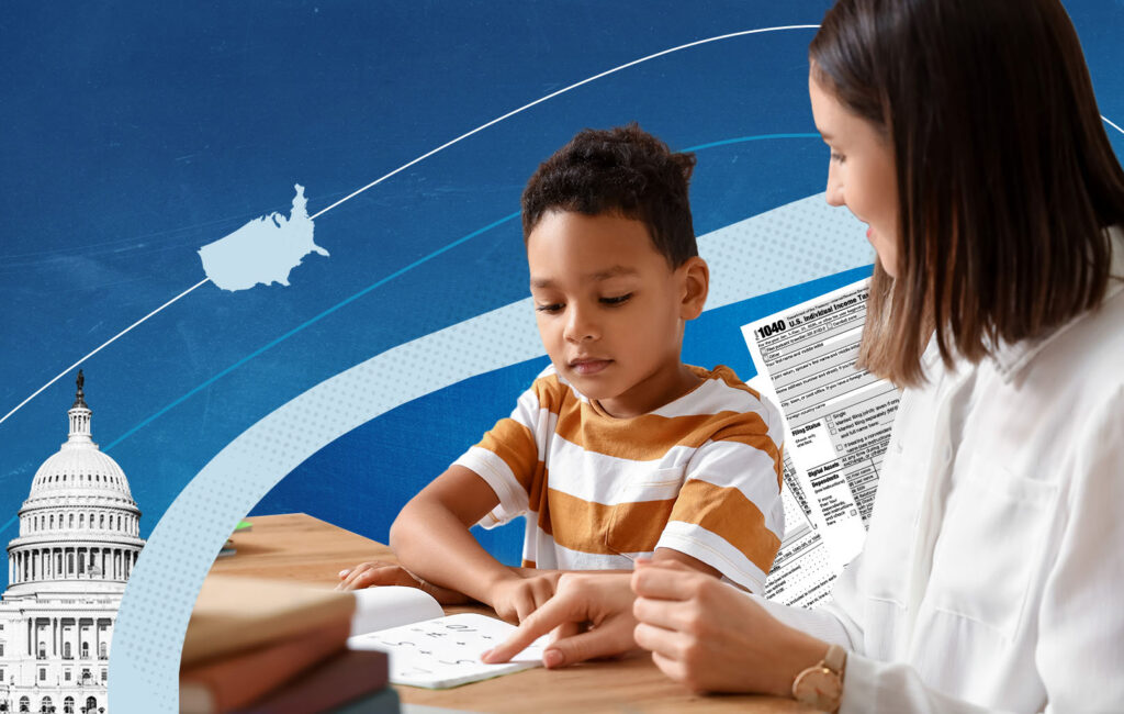 Illustration of a child reading with a woman, overlaid with a Form 1040 tax document, U.S. map, and U.S. Capitol building