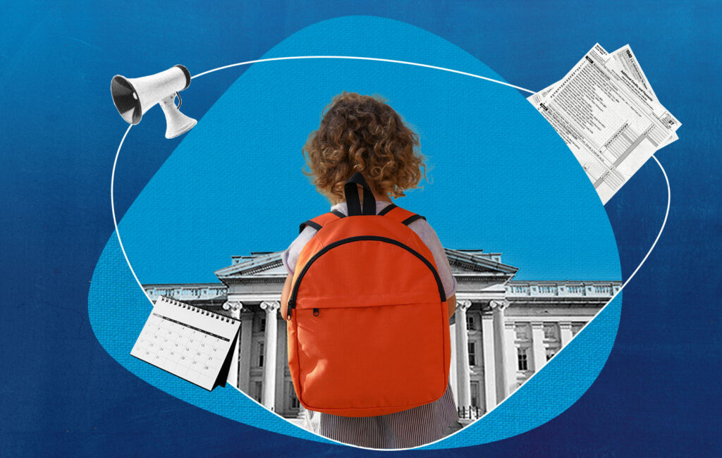 Child in a backpack faces the U.S. Treasury building, surrounded by tax forms and a calendar marking the rule deadline.