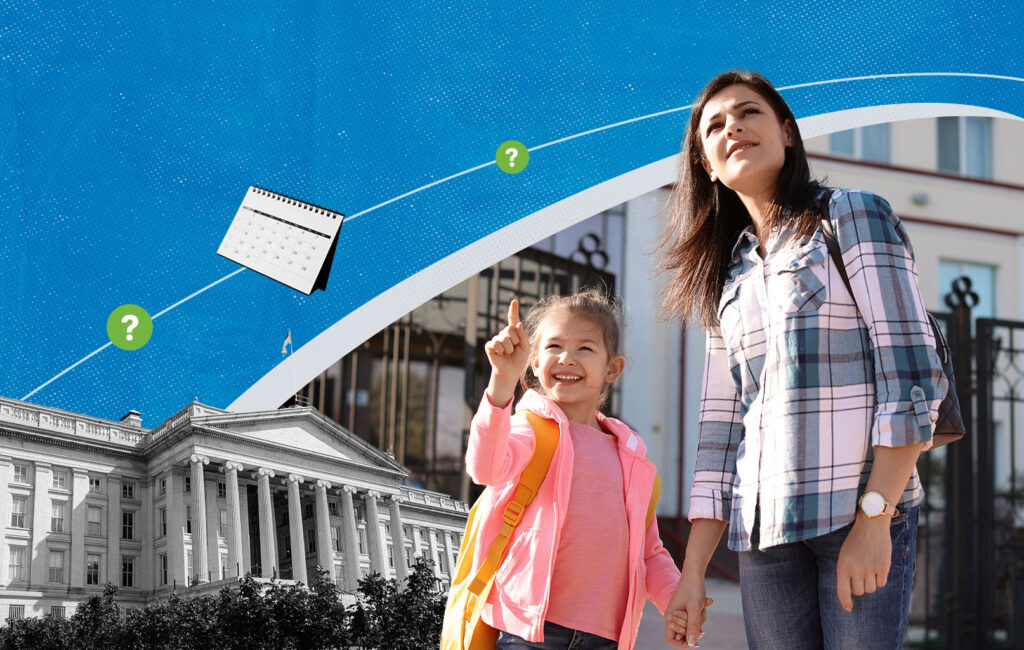 Mother and daughter walk near the U.S. Treasury building, with a calendar and question marks about pending 2027 tax rules.