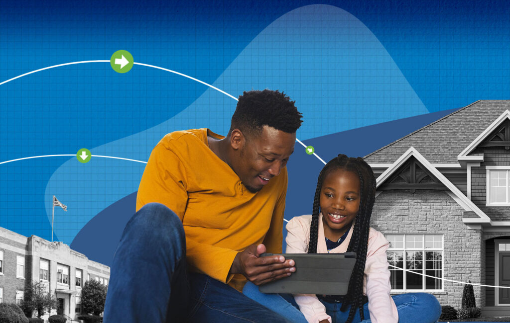 Father and daughter look at a tablet together, with illustrated houses and a school representing HUD income limits.
