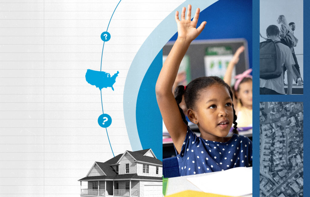 Student raises her hand in a classroom while smaller photos show teens walking to school and a neighborhood aerial view.