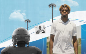 Adonis posing on a football field beside a helmet and a childhood photo of him reading braille