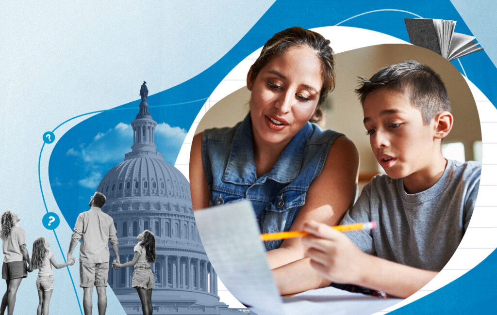 Illustration of a mother helping her son with schoolwork, alongside a family visiting the U.S. Capitol