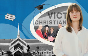 Collage of a young woman graduate holding a diploma with family at Victory Christian, a graduation cap and books, and a school building