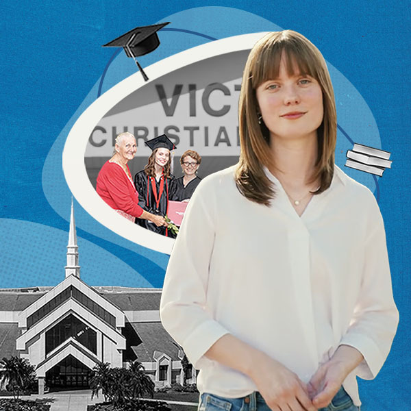 Woman today, next to her graduation photo with family at Victory Christian school building