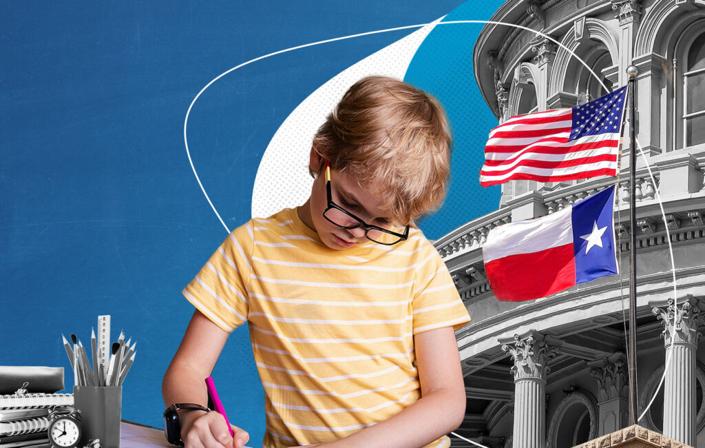 Collage of a boy writing at a desk, with the Texas Capitol and U.S. and Texas flags in the background, symbolizing Texas education and government