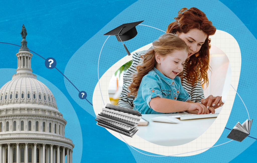 Illustration of the U.S. Capitol dome linked to a mother helping her daughter type on a laptop, surrounded by education icons like a graduation cap and books, symbolizing education policy questions