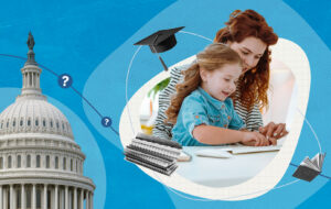 Illustration of the U.S. Capitol dome linked to a mother helping her daughter type on a laptop, surrounded by education icons like a graduation cap and books, symbolizing education policy questions