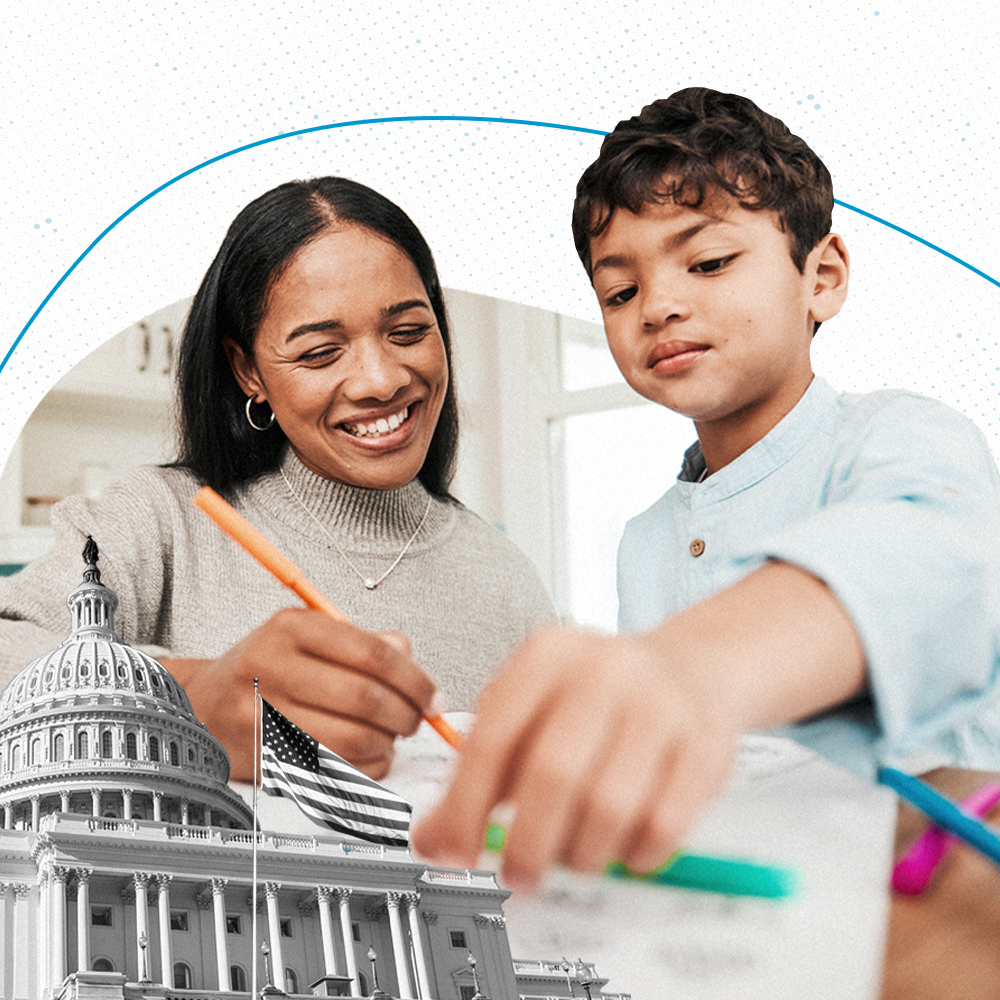 Mother and son doing homework together, with an illustration of the U.S. Capitol building in the foreground