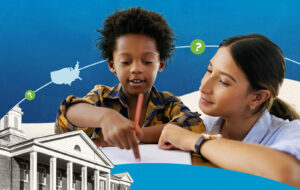 Illustration of a tutor helping a child with schoolwork, with icons of a US map, question marks, and a school building symbolizing nationwide education support