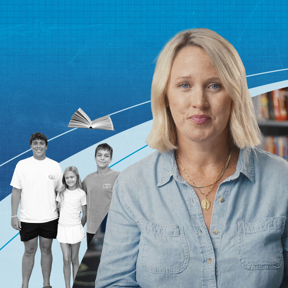 Collage of a woman in a denim shirt with three children and an open book, over a blue background